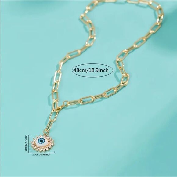 Vintage Inspired Gold Evil Eye Paperclip Rhinestone Chain Necklace - Picture 4 of 5